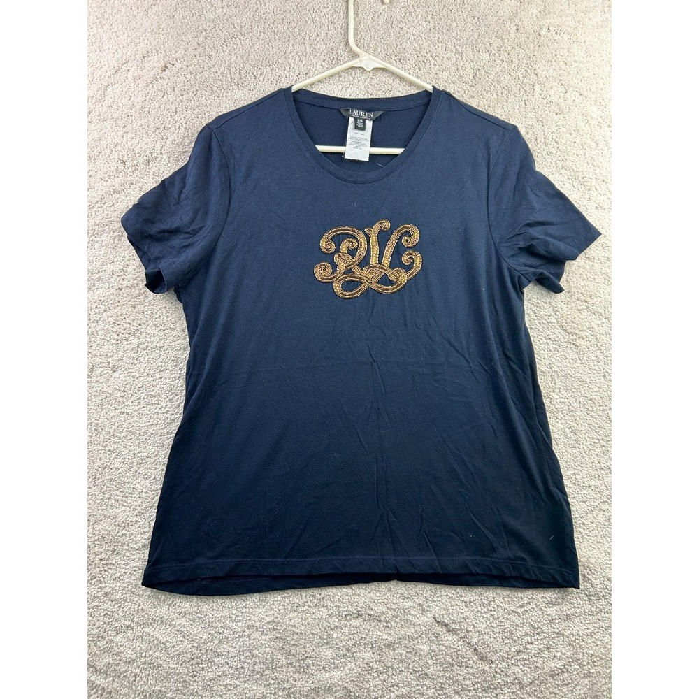 Lauren Ralph Lauren Women's Navy‎ Blue Top L Beaded Logo Cotton Modal